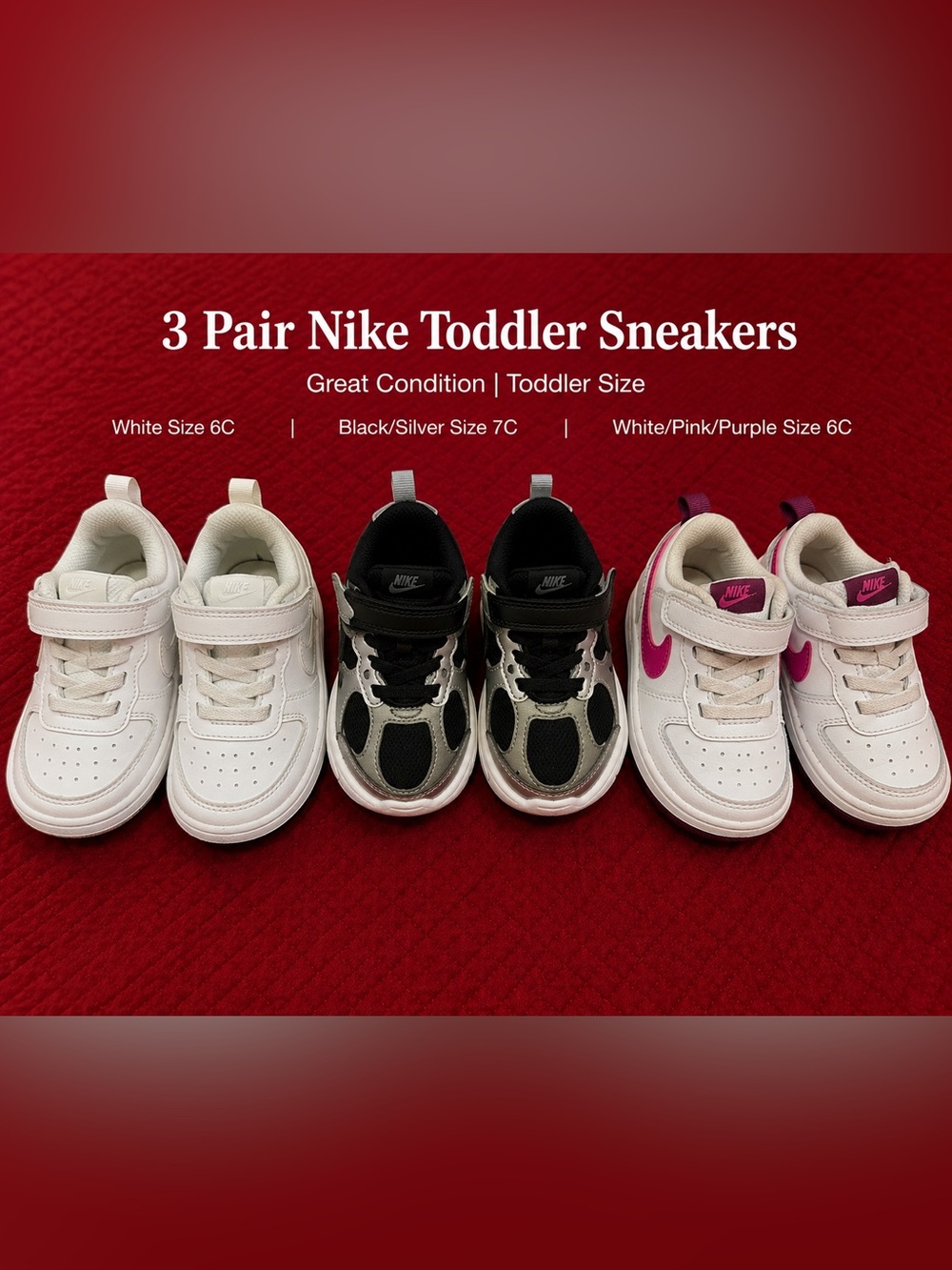Nike Kids Sneakers Trio in White, Black, and Pink